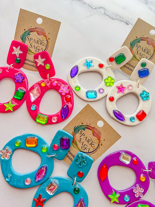 Handmade colorful polymer clay statement earrings with jeweled details by Spark & Saga